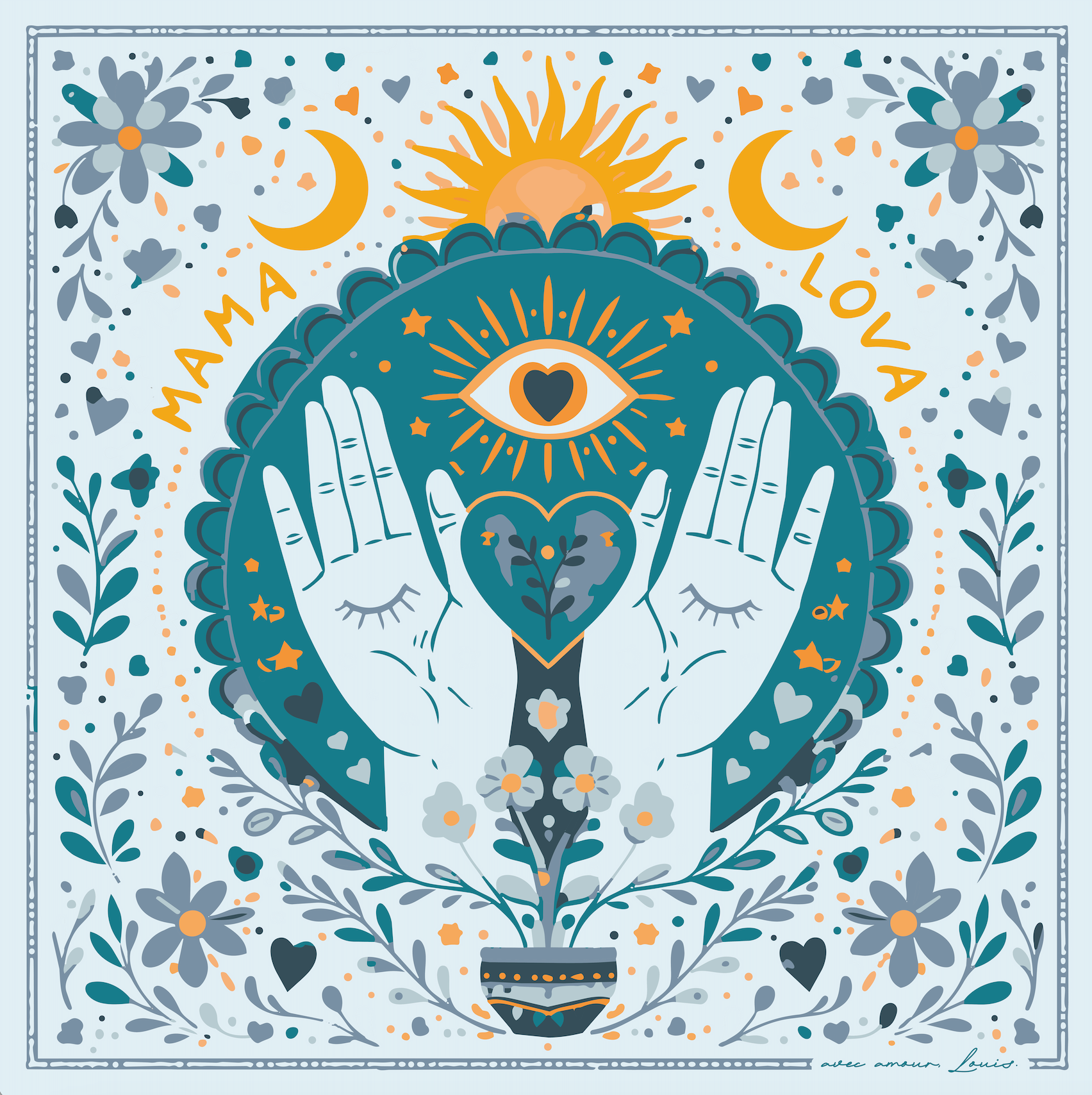 Illustration de foulard représentant deux mains ouvertes entourant un cœur, avec un soleil, un œil symbolique et des motifs floraux, dans des tons bleu et ocre