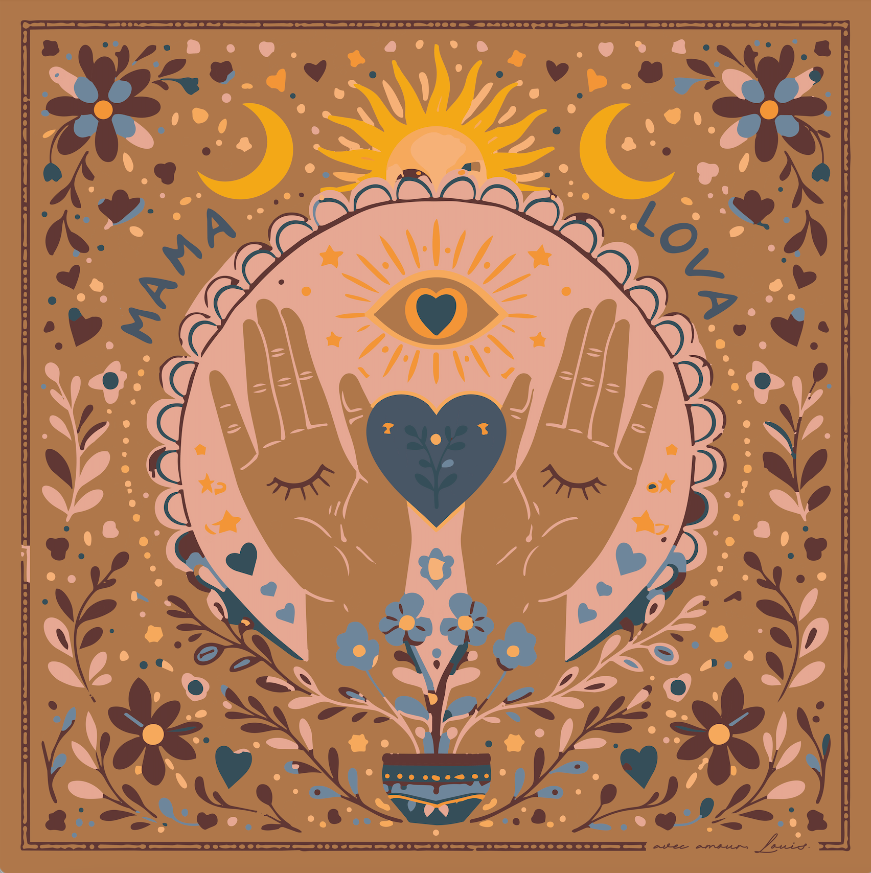 Illustration de foulard représentant deux mains entourant un cœur, avec un soleil, un œil symbolique et des motifs floraux, dans des tons terracotta, ocre et bleu.