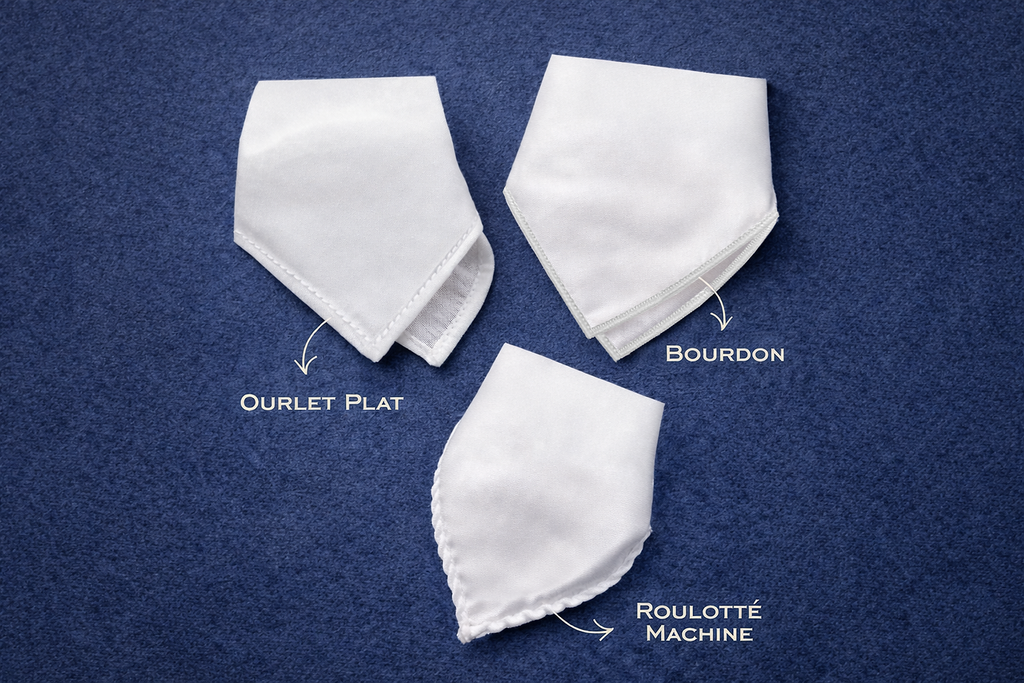 Présentation des finitions de foulards en soie : ourlet plat, bourdon et roulotté machine, savoir-faire textile Maison Edouard