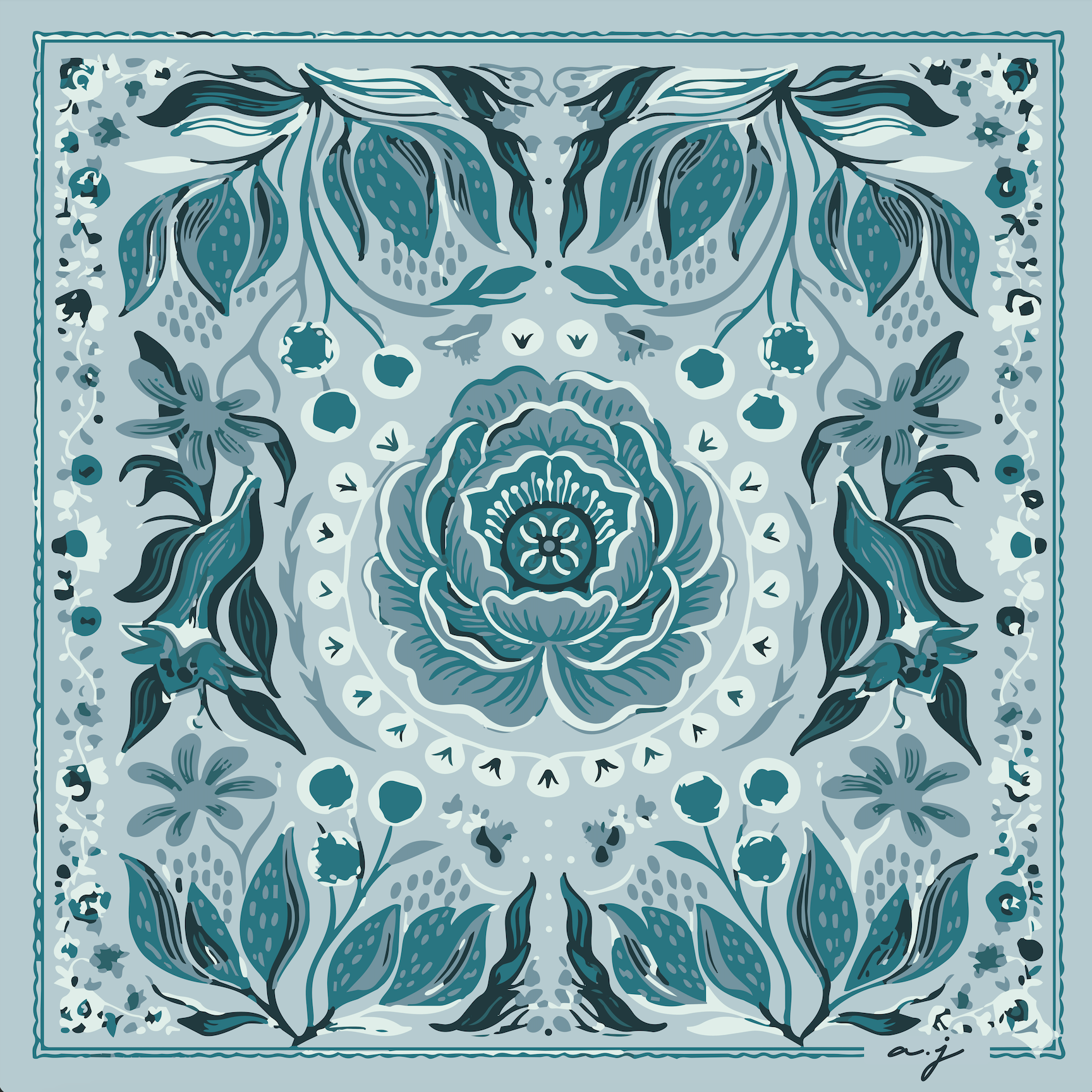 Foulard en soie bleu avec motif floral symétrique et fleur centrale, finition roulottée