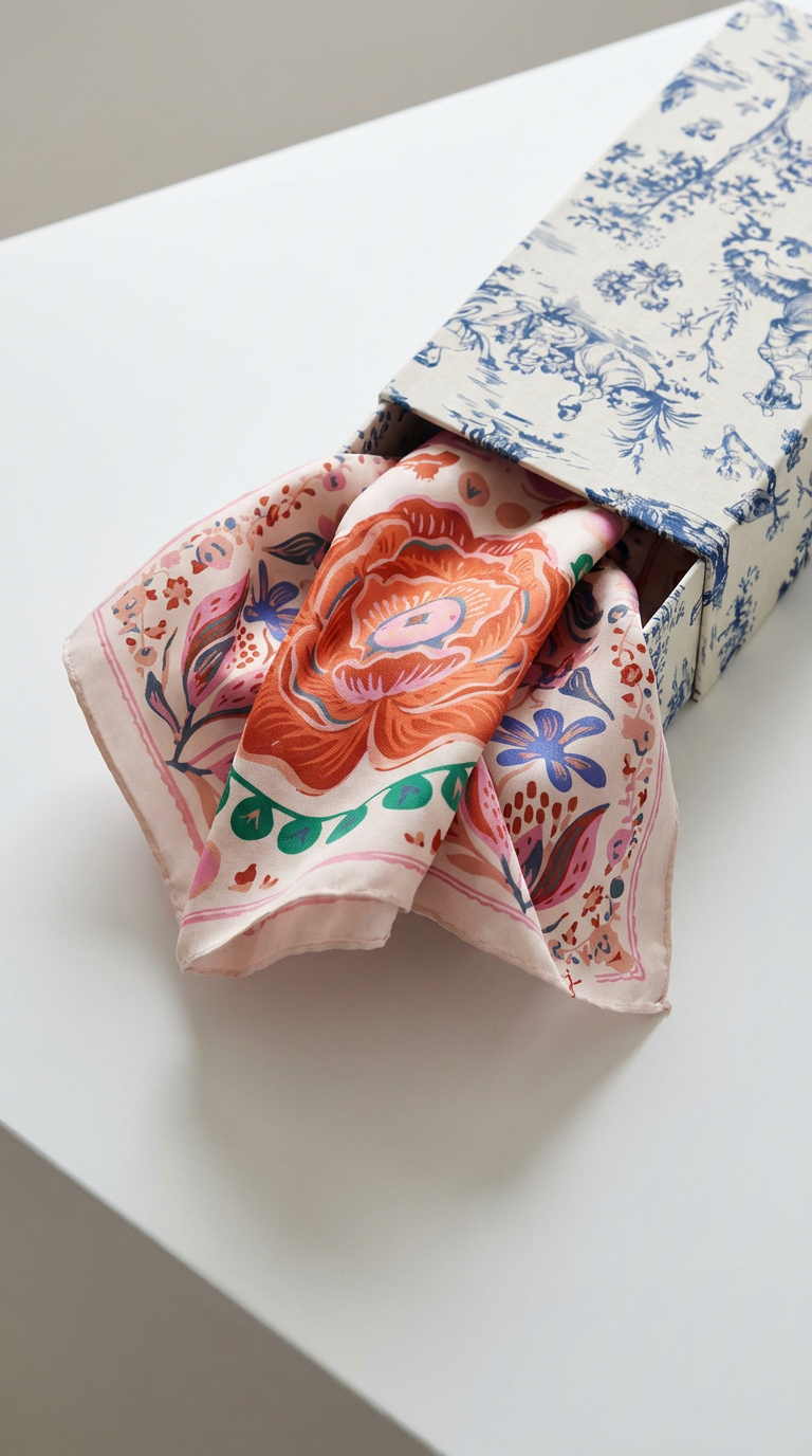 Foulard en soie Flora rose présenté dans un coffret, mise en scène élégante et packaging