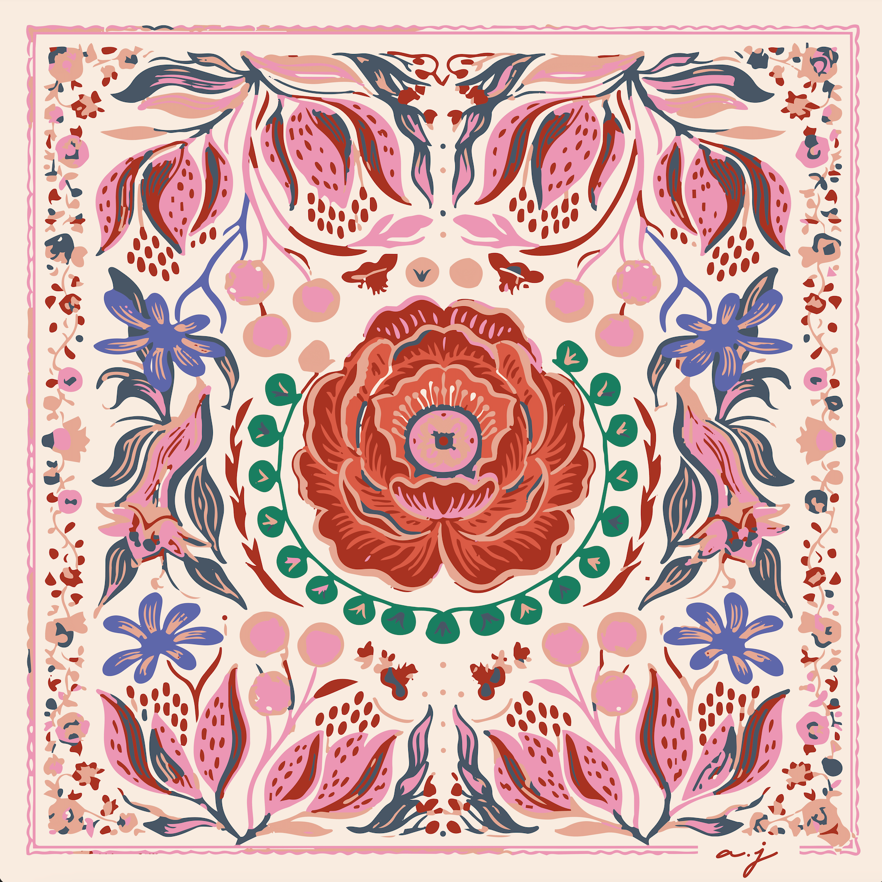 Foulard en soie rose avec motif floral symétrique et fleur centrale, finition roulottée