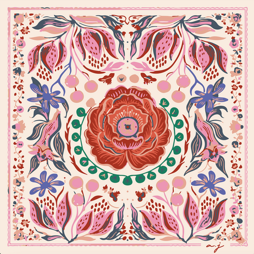 Foulard en soie rose avec motif floral symétrique et fleur centrale, finition roulottée