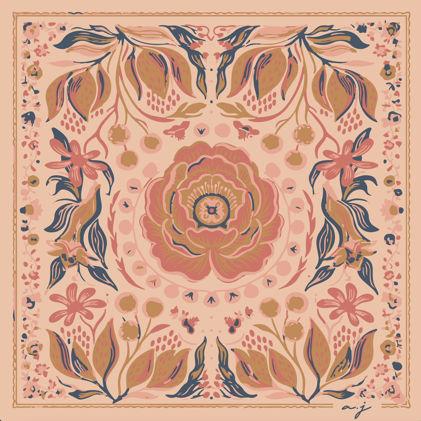 Foulard en soie pêche avec motif floral symétrique et fleur centrale, finition roulottée