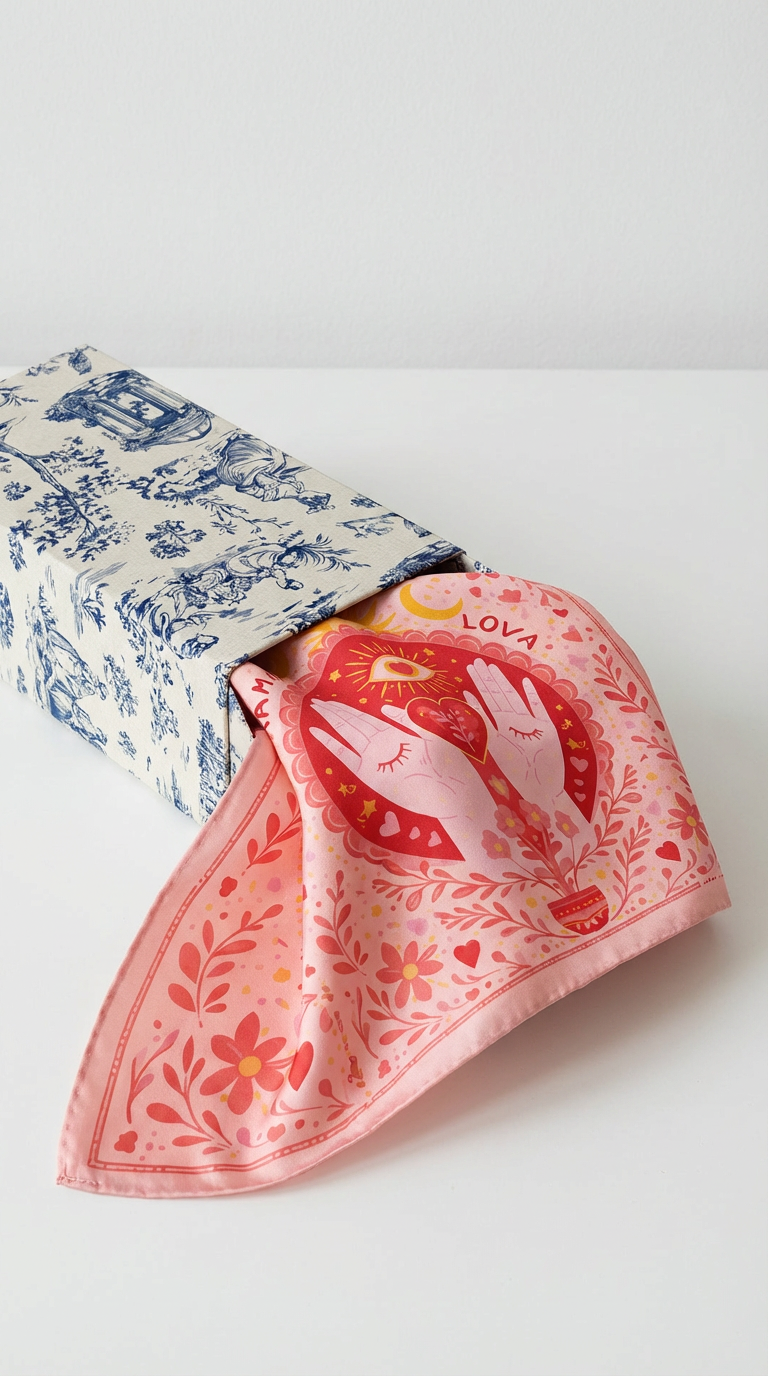 Foulard Mama Lova rose en soie délicatement présenté dans un coffret, univers élégant et raffiné