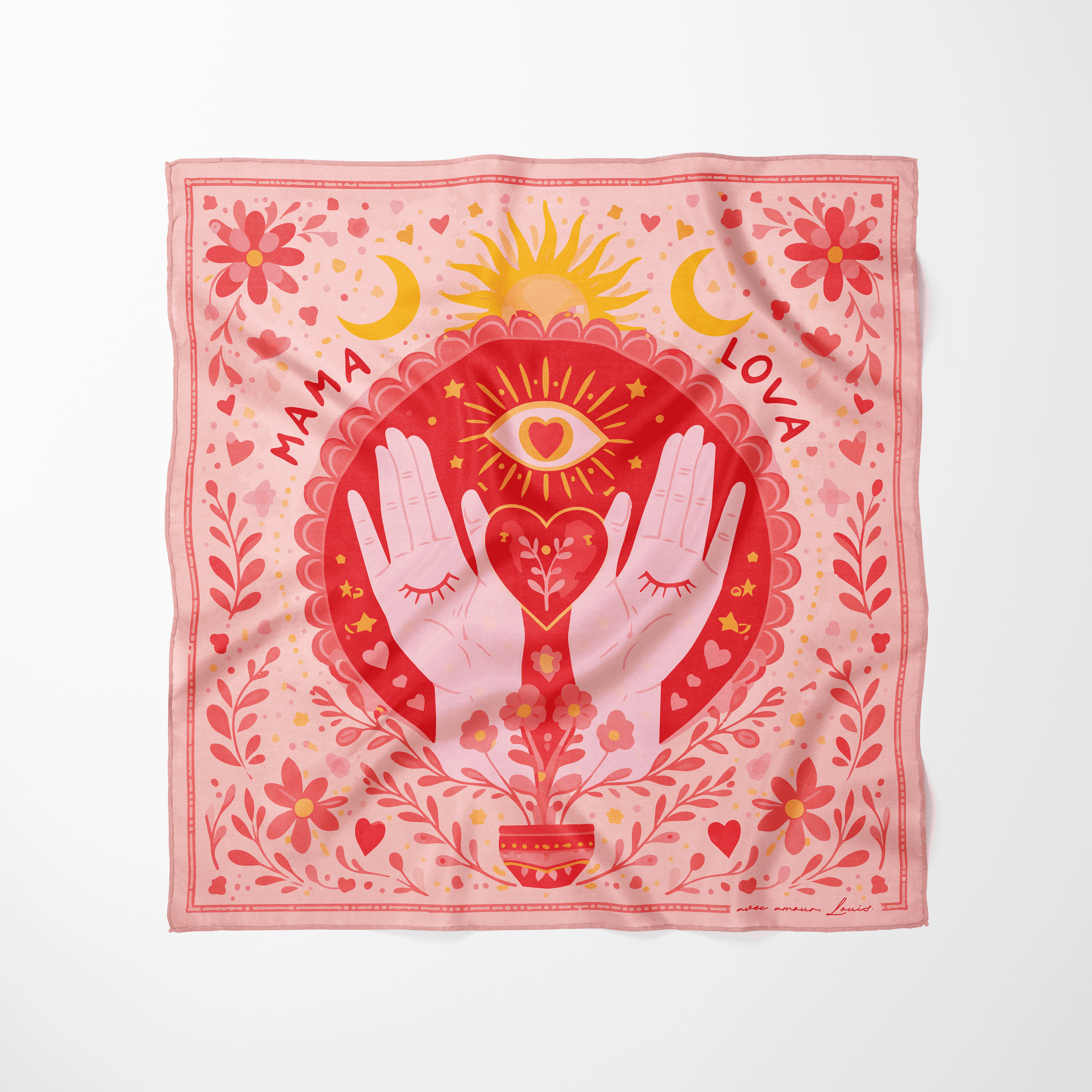 Foulard illustré Mama Lova avec mains formant un cœur, soleil et motifs floraux rouge et rose