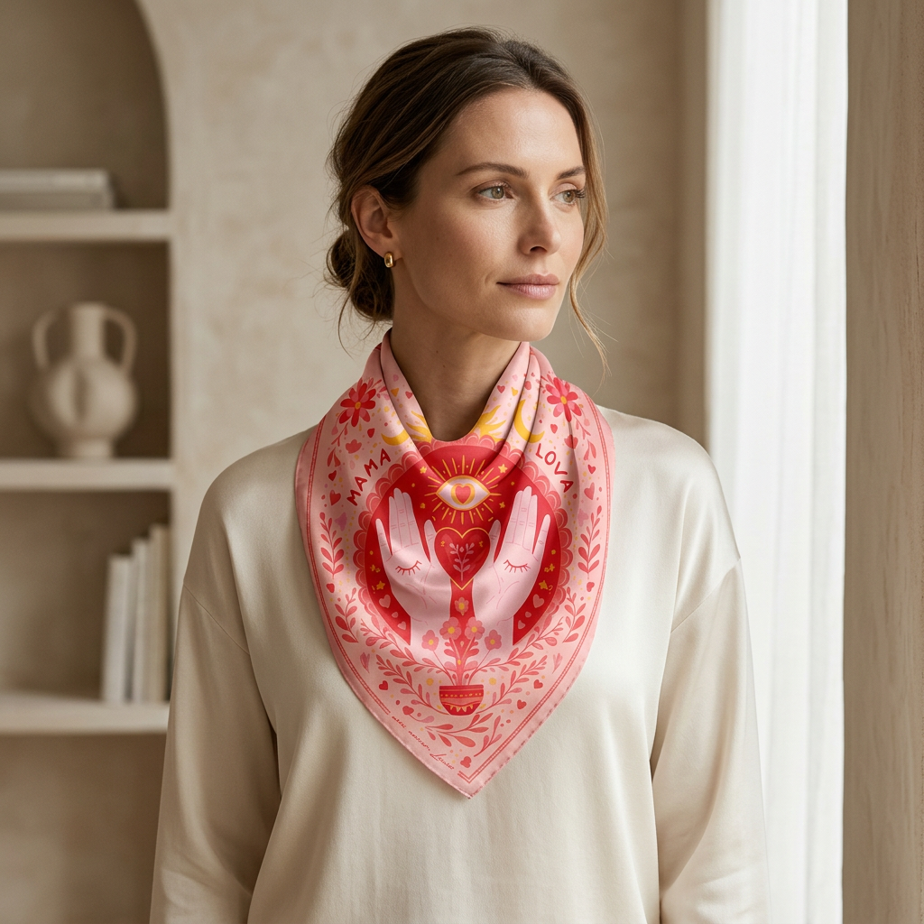 Femme portant un foulard en soie Mama Lova rose avec motif mains cœur et soleil autour du cou
