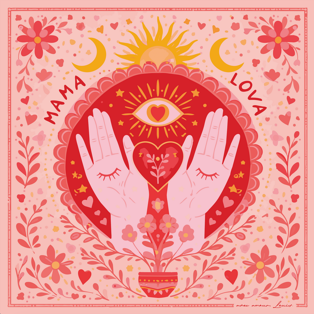 Détail du foulard Mama Lova rouge avec illustration de mains formant un cœur, soleil et motifs floraux