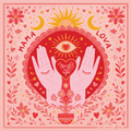 Détail du foulard Mama Lova rouge avec illustration de mains formant un cœur, soleil et motifs floraux