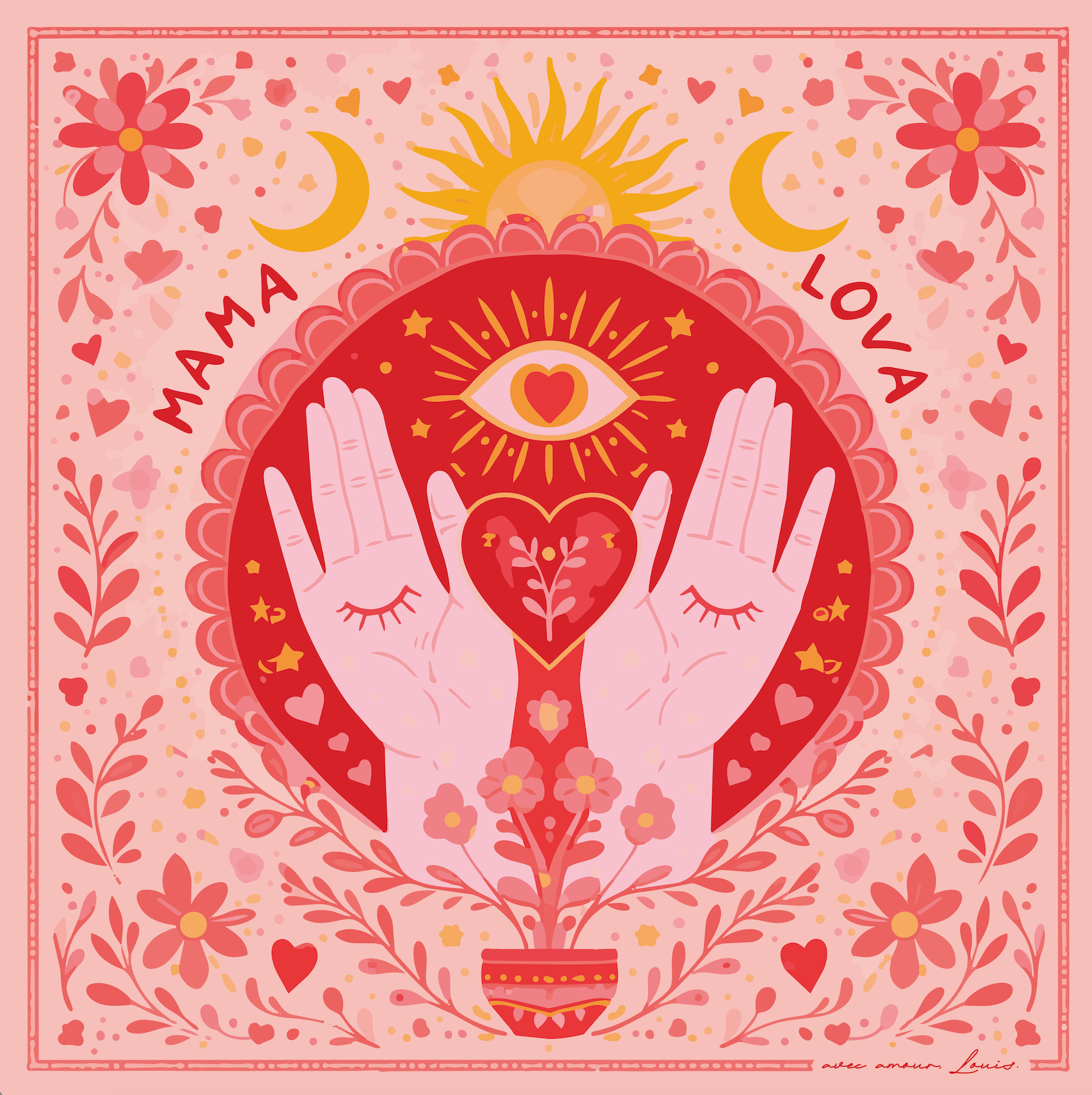 Détail du foulard Mama Lova rouge avec illustration de mains formant un cœur, soleil et motifs floraux