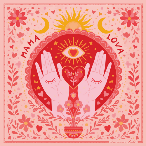 Détail du foulard Mama Lova rouge avec illustration de mains formant un cœur, soleil et motifs floraux
