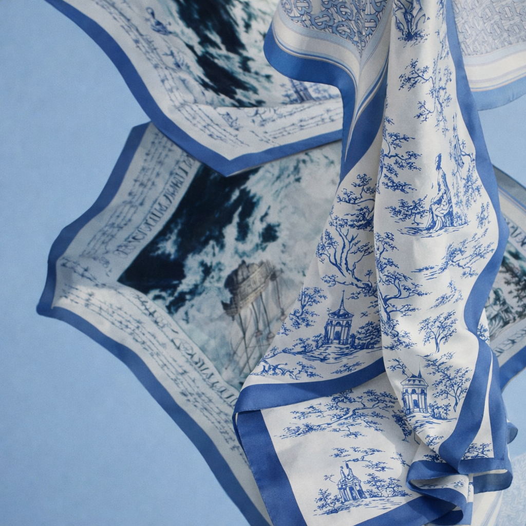 Détail d’un foulard en soie bleu à motif toile de Jouy, révélant la fluidité, la finesse et le tombé de la matière