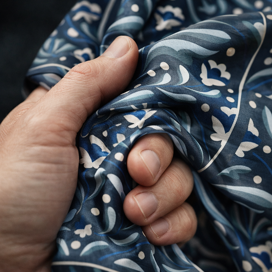 Gros plan sur un foulard en soie bleu révélant la douceur, la fluidité et la qualité de la matière