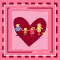 Détail du motif cœur avec illustration familiale sur un foulard en soie rose, symbole d’amour