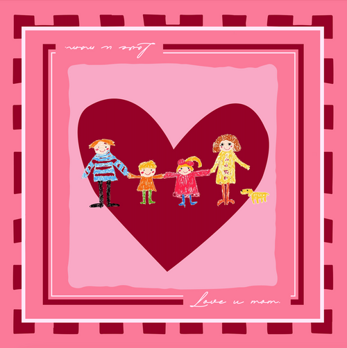 Détail du motif cœur avec illustration familiale sur un foulard en soie rose, symbole d’amour