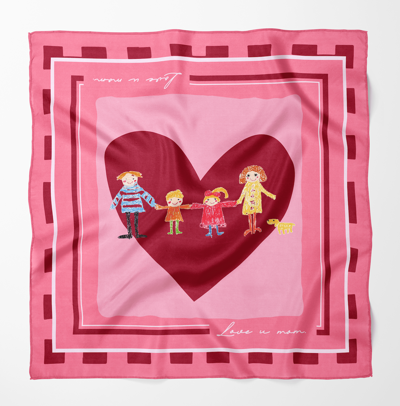 Foulard en soie rose avec motif cœur et illustration de famille dans un style tendre et émotionnel