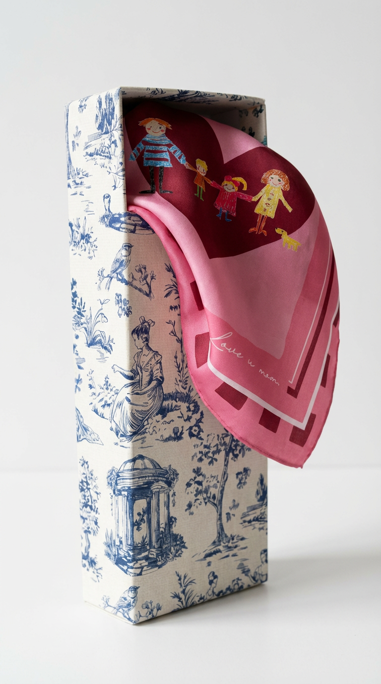Foulard en soie rose à motif cœur avec le dessin d'un enfant présenté dans un coffret cadeau élégant